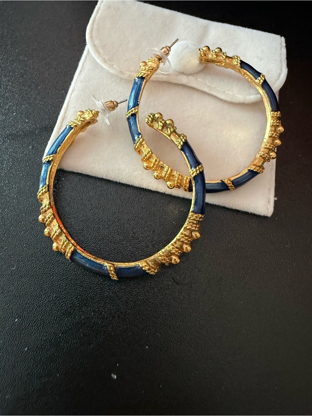Vintage 80s Gold Textured Blue Enamel Hoop Earrings Statement Runway